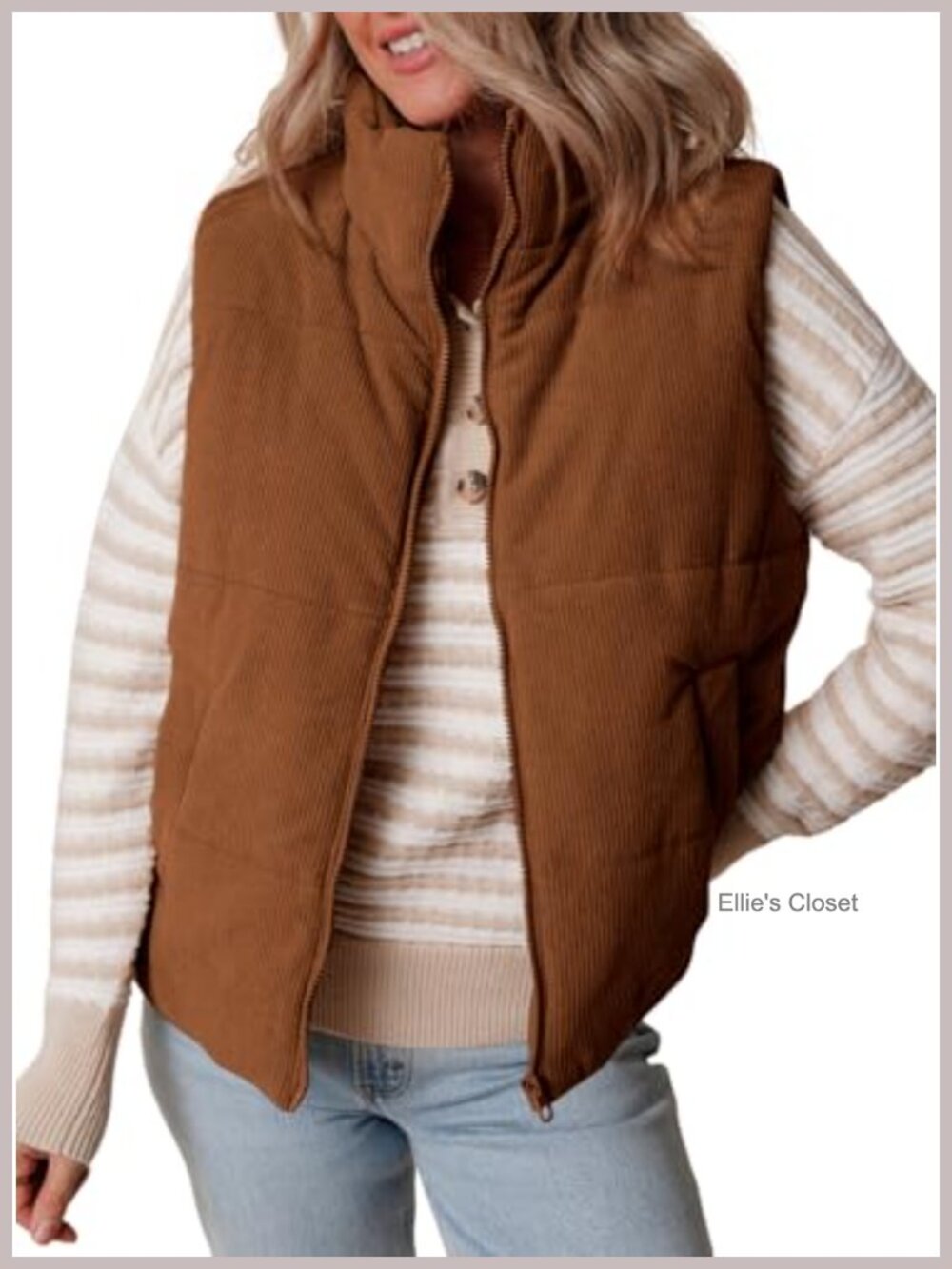 Corduroy Puffer Vest Quilted Sleeveless Zip Front Fall Winter Layer